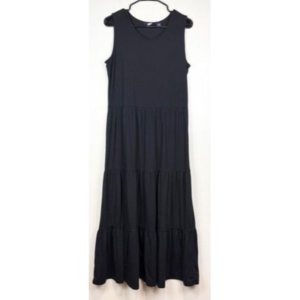 Lands' End Med Maxi Dress Black Sleeveless Tiered Relaxed Boho Coastal Stretch